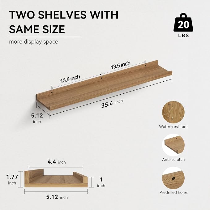 Boswillon Floating Shelves Set of 2, Long Wall Shelf with Lip, 36in, Oak | Display Ledge Shelf for Room Wall, Wall Decor Shelves for Bathroom, Living Room, Bedroom, Kitchen, Nursery Room, Rustic, Wood