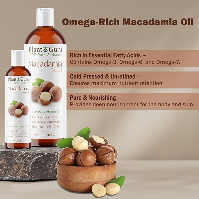 Plant Guru Macadamia Nut Oil 4 fl. oz. Cold Pressed 100% Pure Natural Carrier – Skin, Face, Body, and Hair Moisturizer. Ideal for DIY Creams, Lotions, and Lip Balms