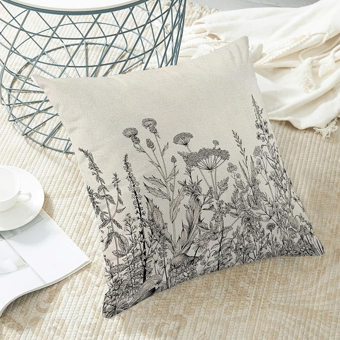 AEIOAE Black White Gray Pillow Covers 18x18 Inch Set of 2, Spring Wildflower Plant Throw Pillows Case,Seasonal Floral Outdoor Decorative Flowers Farmhouse Decor Cushion Covers for Home Sofa Bed Couch