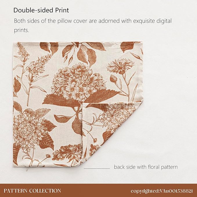 Foindtower Set of 2 Linen Floral Throw Pillow Covers Vintage Accent Print Decorative Cozy Cushion Covers Farmhouse Boho Home Decor for Sofa Chair Couch Bedroom Living Room,24×24 Inch,Autumn Orange