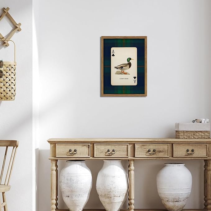Framed Vintage Mallard Duck Wall Art, Country Lucky Duck Wildlife Poker Wall Decor Painting, Nature Rustic Farmhouse Hunting Canvas Prints Pictures for Living Room Bedroom 16x24 Inch