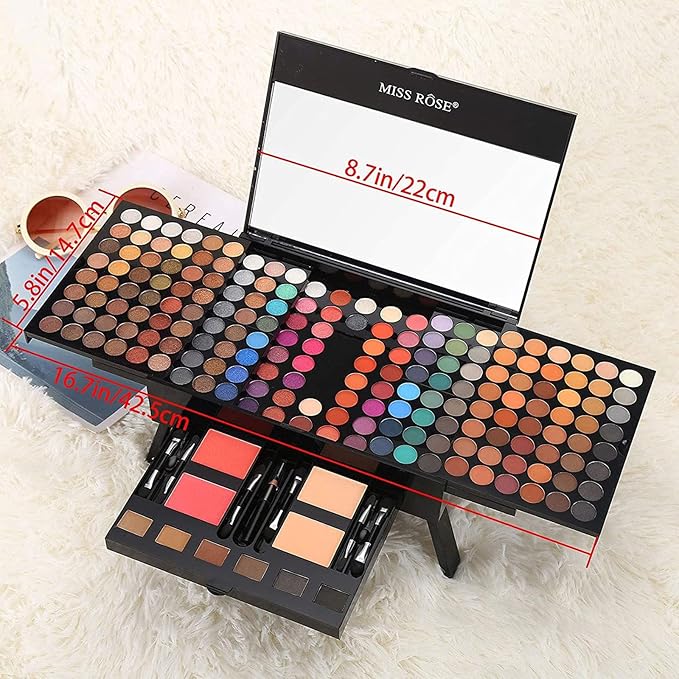 MISS ROSE 190 Colors Cosmetic Make up Piano Box Set,Combination with Eyeshadow /Facial Blusher /Eyebrow Powder /Eyeliner Pencil /Mirror,All-in-1 Makeup Gift Set (Color B)