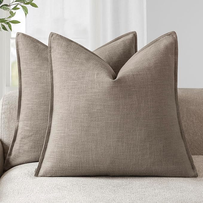 Foindtower Set of 2, Decorative Linen Solid Throw Pillow Covers Soft Accent Euro Cushion Case Farmhouse Neutral Pillowcase for Chair Couch Sofa Bedroom Living Room Home Decor 18 x 18 Inch Brown Tan