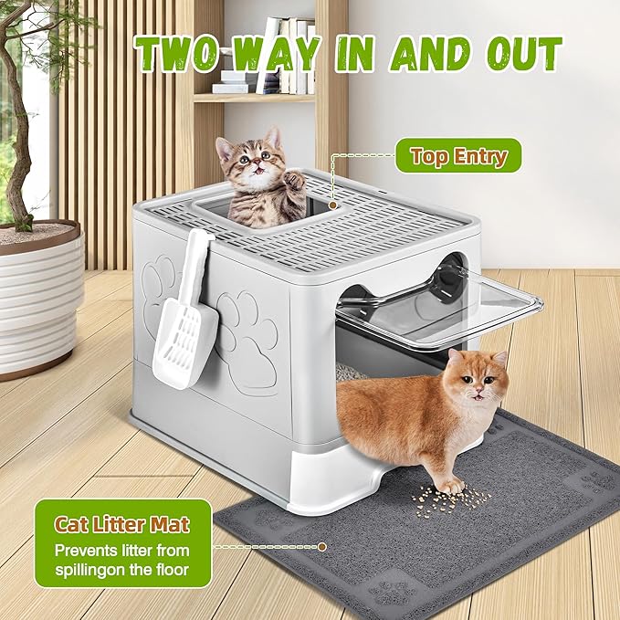 Covered Cat Litter Box, Extra Large Drawer Design with Dual Entry,Pale Grey | 13L litter capacity, adjustable door, leakproof structure, cleaning accessories, complimentary cat litter mat