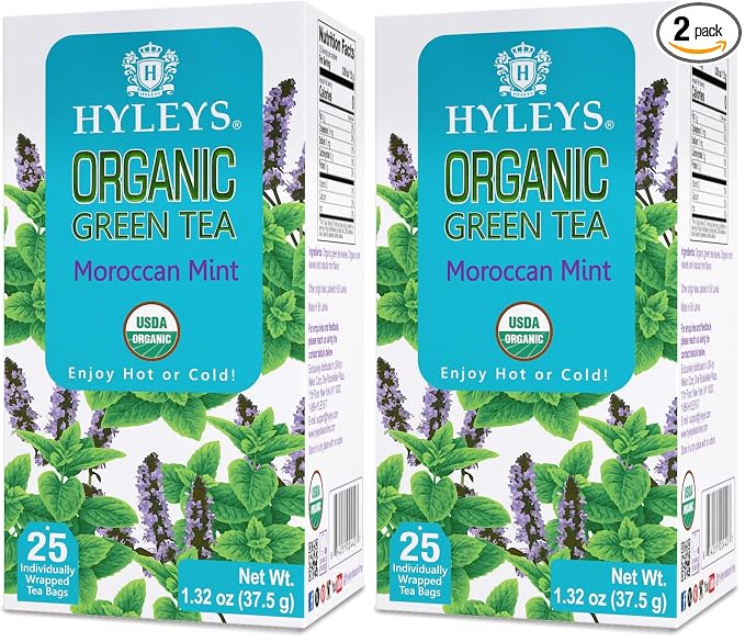 Hyleys Organic Green Tea Moroccan Mint Flavor - 25 Tea Bags (Pack of 2)