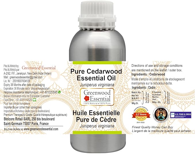 Greenwood Essential Cedarwood Essential Oil (Juniperus Virginiana) Pure | Non-Sticky | Non-Greasy | Lightweight | Men & Women | All Skin Types | Steam Distilled 300ml (10 oz)