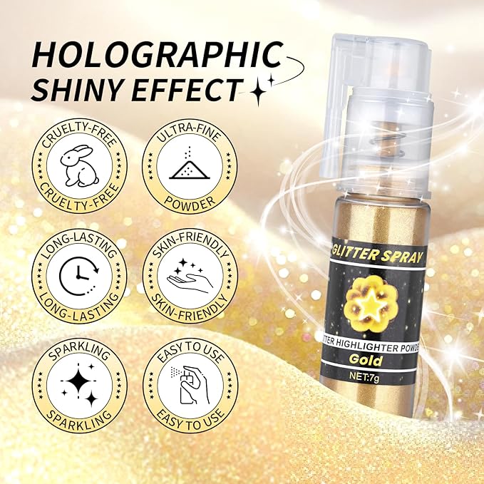Gold Body Glitter Spray, Shiny Glitter Spray for Hair Body and Clothes, Long-Lasting Sparkle, Holographic Ultra Fine Shimmer Powder Glitter Hairspray for Rave Prom Makeup Halloween Crafts