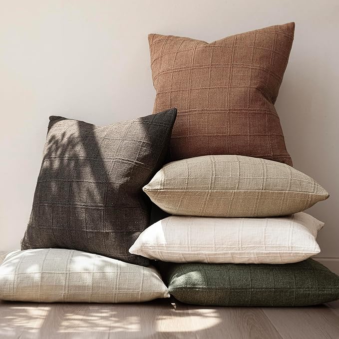 Foindtower Set of 2 Decorative Linen Check Throw Pillow Covers Neutral Farmhouse Lumbar Cushion Covers Modern Boho Home Decor for Sofa Chair Couch Bedroom Living Room,12×24 Inch,Dark Brown