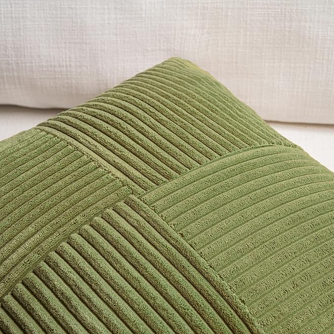 Fancy Homi Moss Green Decorative Throw Pillow Covers 20x20 Inch for Living Room Couch Bed Sofa, Farmhouse Boho Home Decor, Soft Corss Corduroy Patchwork Accent Square Cushion Case 50x50 cm