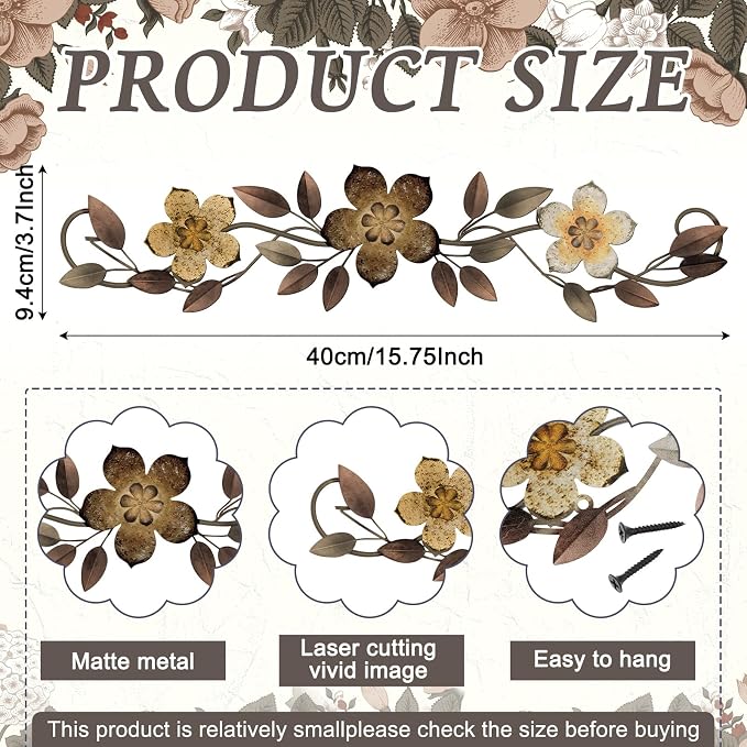 Wesiti Metal Flower Wall Decor Vintage Metal Flower Wrought Iron Scroll Sculpture 15.7''x3.7'' Not 3D, Flat Farmhouse Leaf Wall Decor with Nails for Summer Bedroom Kitchen Indoor Outdoor(Brown)