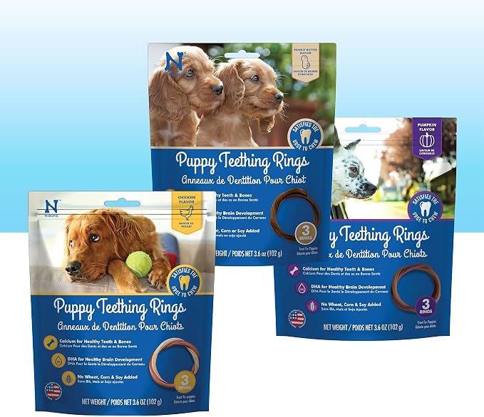 N-Bone Puppy Teething Rings Variety Pack, Chicken, Pumpkin & Peanut Butter Flavors, Natural Puppy Teething Chews & Treats, 3 Bags, 9 Rings (10.8 oz)