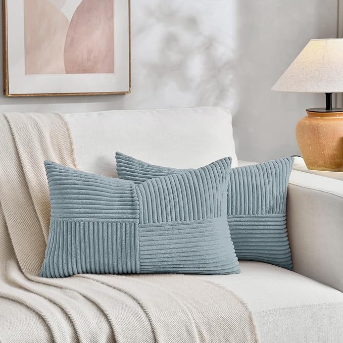 Fancy Homi Set of 1 Light Blue Lumbar Decorative Throw Pillow Covers 12x20 Inch for Living Room Bedroom Couch Bed Sofa, Soft Striped Corduroy Coastal Blue Rectangle Accent Cushion Case 30x50 cm