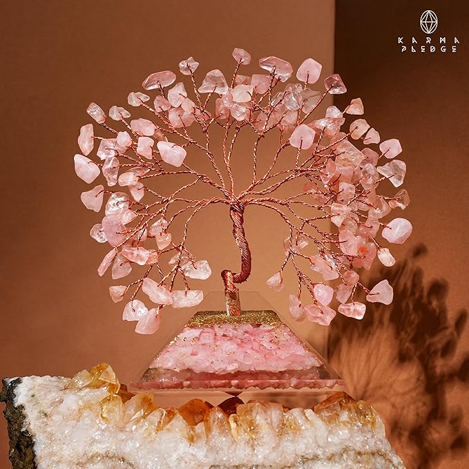 Rose Quartz Crystal Tree Good Luck Birthday Gifts for Women Mom Friends Sister Home and Office Desk Decor, Pyramid Base Reiki Healing Stones Chakra Tree of Life for Positive Energy, Money, Sucess