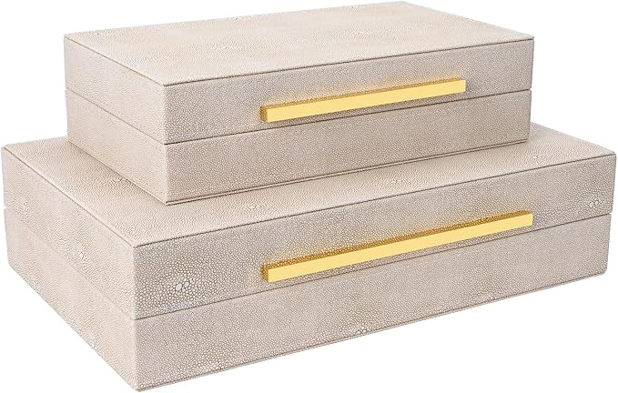 Ivory Shagreen box Set of 2 Faux Leather Decorative Boxes,Large Nesting Storage Decorative Boxes with Lids for Modern Home Decor Stacking Jewelry Box Organizer