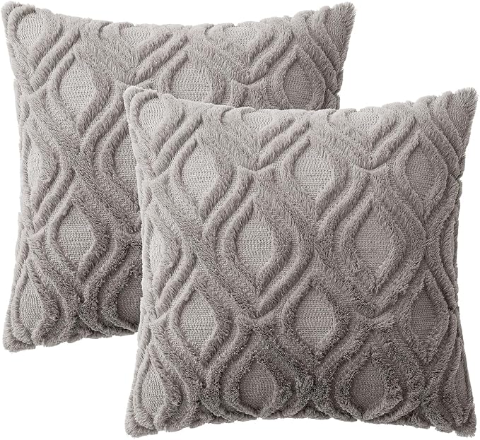 MIULEE Dark Grey Soft Plush Faux Wool Throw Pillow Covers 18x18 | Set of 2, Farmhouse Boho Home Decor, Decorative Cushion Covers for Sofa, Living Room, Bed