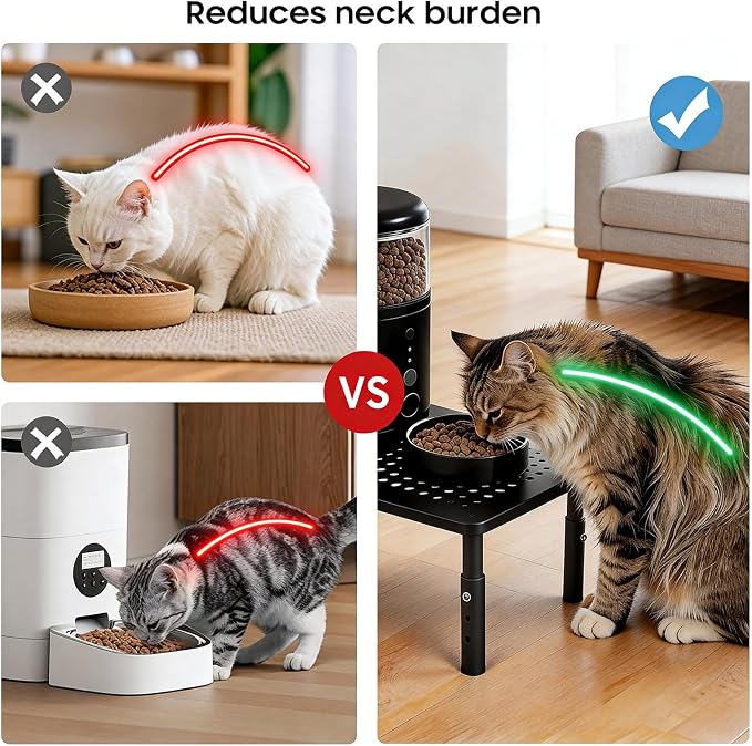 W‌SOWX Adjustable Automatic Cat Feeder Stand, Elevated Cat Food Stand,Black | Lifted Cat Food Table Station,Raises Feeder/Bowls by 4.1"/4.9"/5.7",Relieves Spine and Joints Noticeably on Pets-Sturdy Metal