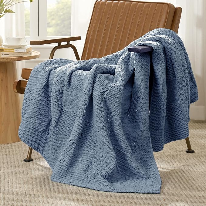 Knit Throw Blanket, Soft Chenille Cozy Breathable Checkered Chunky Decorative Blanket for Couch, Bed & Sofa, French-Inspired Lightweight Warm Gift for Women, Washed Blue, 50"x60"