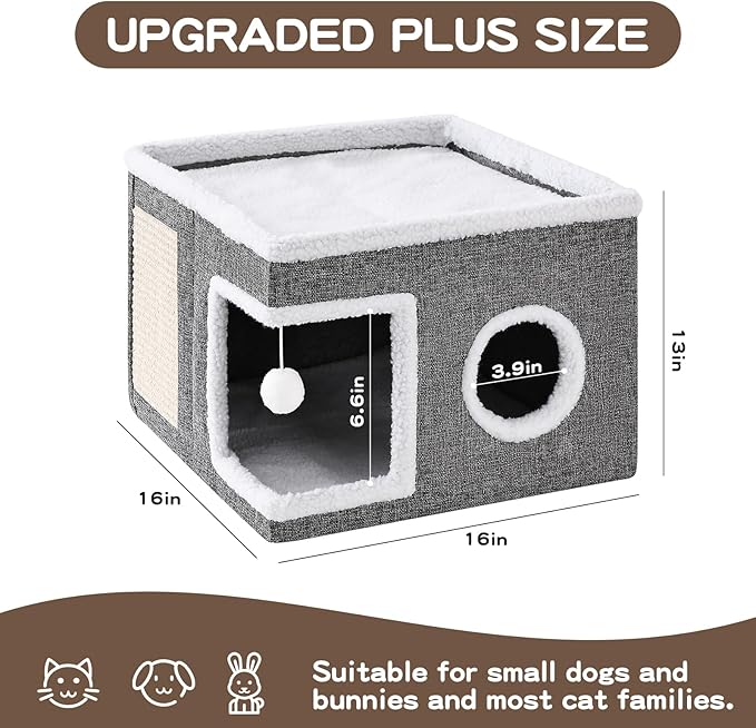 Large Cat Houses for Indoor Cats with Fluffy Ball and Scratch Pad | Foldable Cat Bed Cave for Multiple Pets, Kitten Bed for All Seasons, Non-slip, Hold Up to 30LBS, 16x16x13inch, Grey