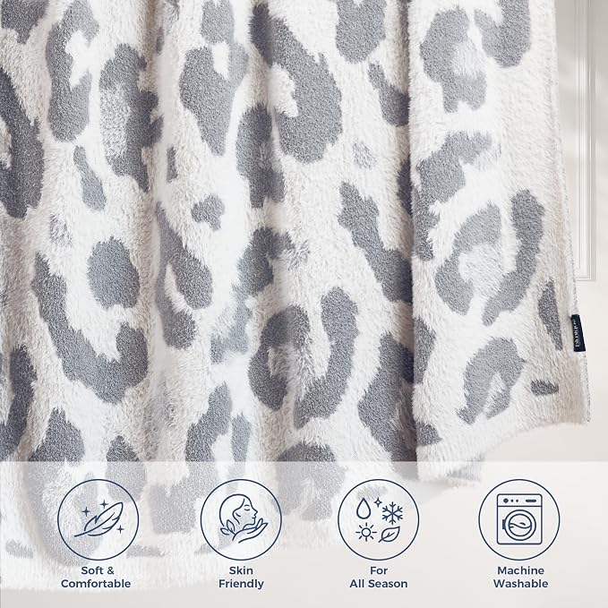 Knit Throw Blanket for Couch, Soft Cozy Fluffy Knitted Blanket for Sofa, Bed, Gift for Women Girls Home Decor (Leopard-Grey, Twin 60"x80")