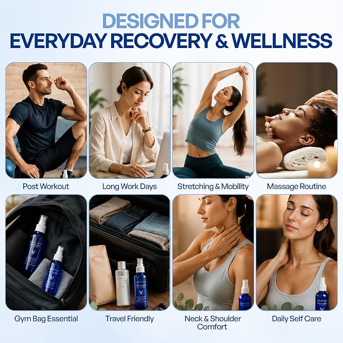Natural Botanical Recovery Spray with Eucalyptus, Jojoba, Aloe Vera & Grapeseed Oils – Lightweight Topical Recovery Spray for Muscle & Joint Comfort & Massage (2 x 4oz Bottles)