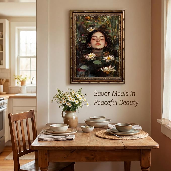 Vintage Gold Framed Gothic Wall Art, Ophelia Inspired Woman Portrait Print | Dark Academia Romantic Victorian Oil Painting Canvas Print Picture Wall Decor for Living Room Bedroom Office, 16x24 Inch