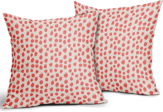 Coral Cream Pillow Covers 22x22 Set of 2 Boho Design Polka Dot Throw Pillows Modern Brush Strokes Print Decorative Outdoor Pillowcase Square Cushion Cover Linen Pillow Case for Home Sofa Couch Bed