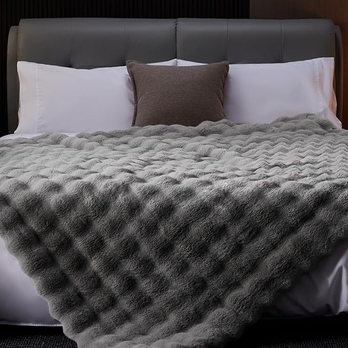 Anysay Faux Fur Throw Blanket,1000GSM Fluffy Soft Bubble Blanket 90''*104'' | Cozy Plush Warm and Thick Blanket for Couch Bed, Fuzzy Rabbit Throw for Living Room Bedroom Light Grey