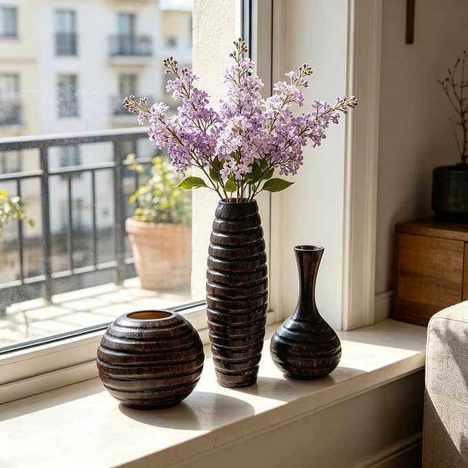 Hosley's Set of 3 Carved Wood Vases Small 6" Medium 8" and Tall 12" High. Ideal Gift for Floral Arrangements Wedding and Use for Home Office Decor Fireplace Floor Vases Spa Aromatherapy Settings