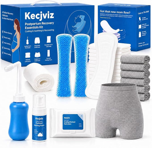 Postpartum Recovery Kit for New Moms, Upside-Down Peri Bottle, Disposable Underwear, Maternity Pads, Cooling Liners, Witch Hazel Foam, Reusable Cold Packs & Sleeves, Hospital Bag Essentials