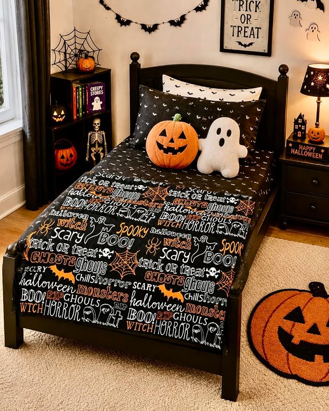 Halloween Fleece Throw Blanket, Cute Bats Ghosts Spiderwebs Print 50x70 in | Thoughtful gift idea: Great present for Halloween lovers, college students, housewarming parties, or seasonal decorators