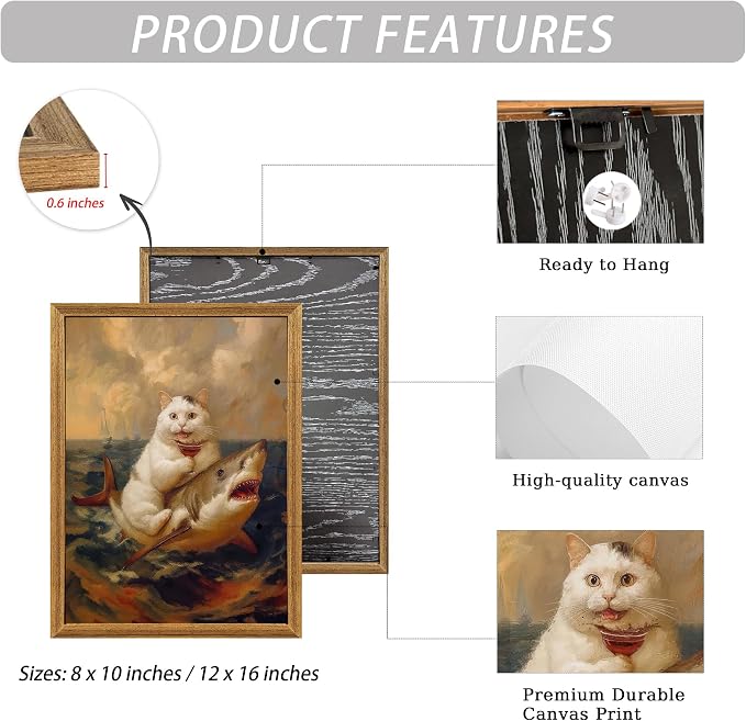 ICHZUMW Framed Funny White Cat Riding Shark Ocean Canvas Wall Art 8x10 In | Quirky Cat Drinking Wine Riding Shark Oil Painting, Humorous Bathroom Wall Decor, Bedroom Restroom Powder Room, Ready to Hang