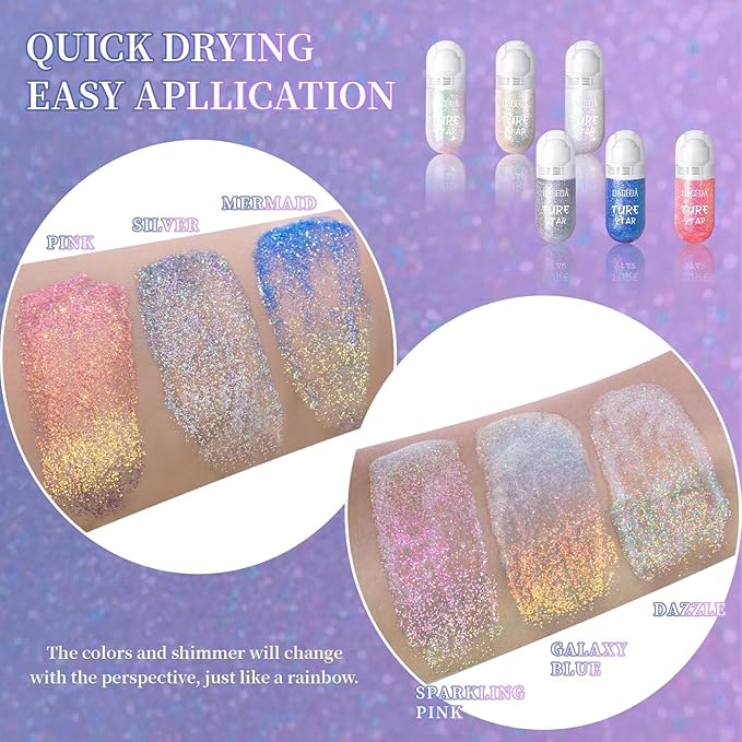 DAGEDA Body Glitter Gel, Roll-on Face Glitter for Mermaid Makeup Festival Rave Accessories, Holographic Hair Glitter Gel,Body Shimmer Halloween Makeup for Rave Party (Galaxy Blue)