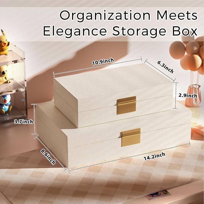 Decorative Storage Box Set of 2, PU Leather Organizer for Home Decor Beige | Multi-Purpose Beautiful Decorative Container with Lids Store Photos, Documents, Memory Box Keepsakes Collect, ideal for Gifts