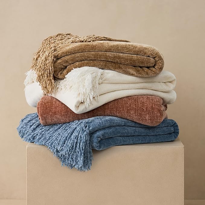 Chenille Knit Throw Blanket for Couch, 50"x60", Clay | Cozy Plush Fuzzy Knittd Throw with Tassels, Lightweight, Decorative, Farmhouse Decor, Ideal for Bed Sofa Gift, All Seasons
