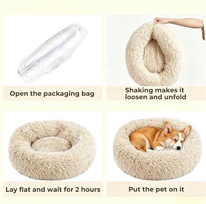 Calming Donut Dog Bed for Small Dogs, Anti-Anxiety Round Washable Plush Fluffy Faux Fur Large Cat Bed, 24 inches Fits up to 25 lbs Pets, Anti-Slip Waterproof Mute Base Light-Brown
