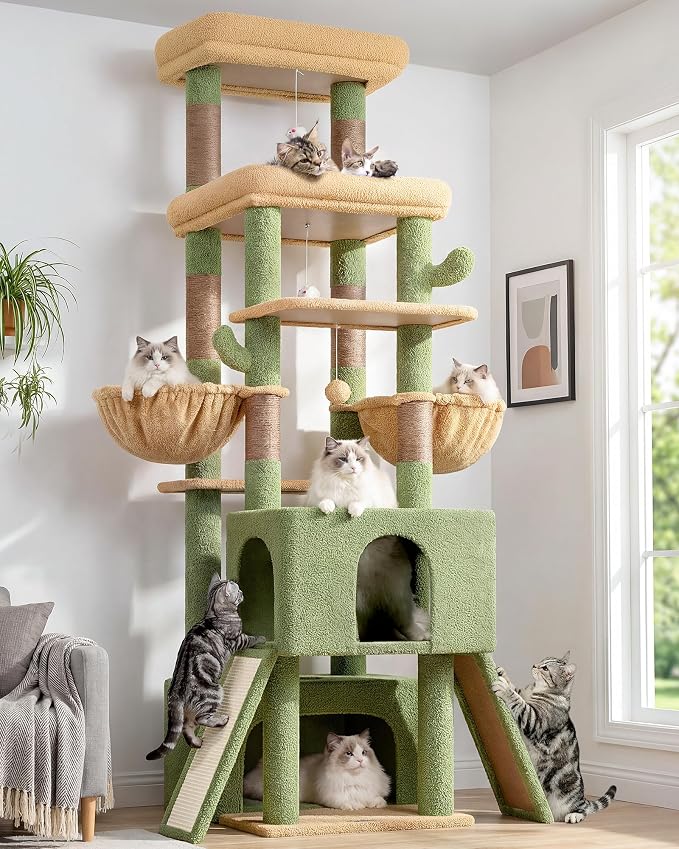 Globlazer Heavy Duty Cat Tree 78 inch Sturdy Cactus Cat Tower for 20lbs Large Adult Cats, Symmetrical Aesthetic Big Cactus Cat Tree with Extra Large Platform, 2 Scratching Boards, Z78, Green