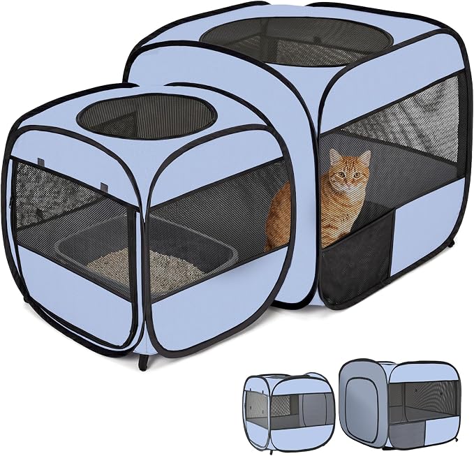 2-in-1 Portable Cat Playpen, Detachable into 2 Separate Cages with Additional 2 Doors, Pop up Pet Play Pen Cat Tent House, Foldable Puppy Enclosure Kitten Crates Indoors Outdoor(Grey)