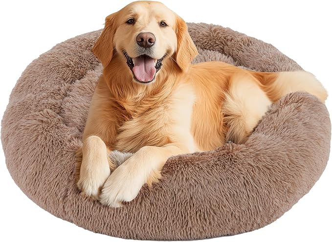 DUMOS 37.4 Inch Large Donut Dog Bed for Indoor Use, Fluffy Faux Fur Plush | Warming Cozy Round Pet Bed, Machine Washable Cuddler, Anti-Slip Bed for Dogs and Cats, Brown