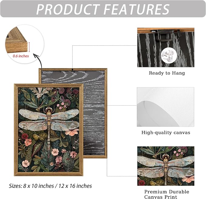 ICHZUMW Framed William Morris Vintage Dragonfly Canvas Wall Art 8x10 In | Dark Green Botanical Prints, Antique Aesthetic Wildflower Wall Decor for Bedroom Living Room Bathroom Office, Ready to Hang