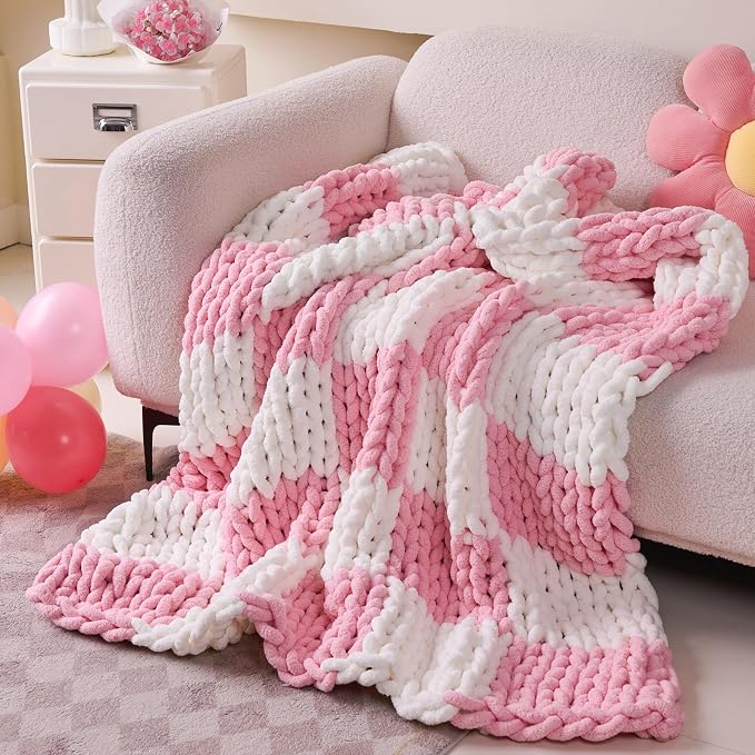 Chunky Knit Blanket Throw for Couch, 51"x63" Chunky Yarn Knitted Blankets | 100% Hand Knit Thick Chenille, Soft Breathable for Bed, Sofa, Home Decor, Cozy Gifts for Women Friends, Pink Checkered