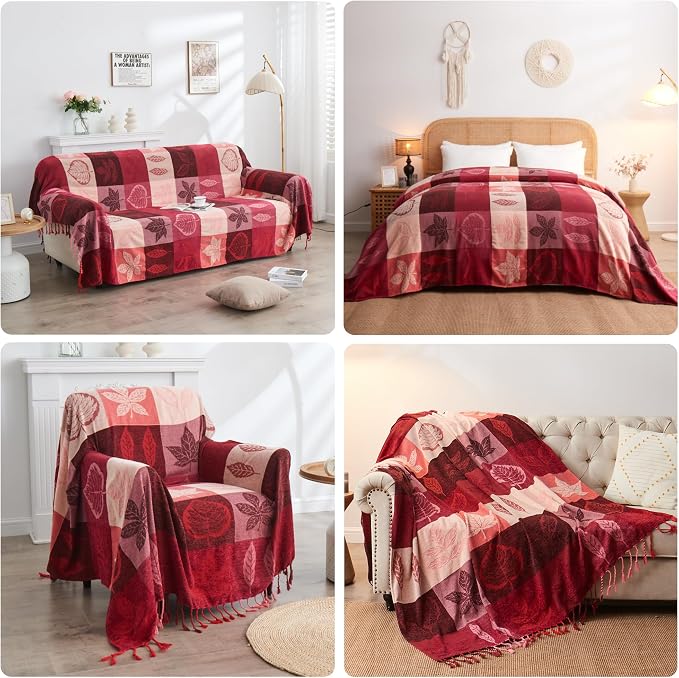 Bohemian Chenille Jacquard Tassel Throws - Reversible Red&Pink Maple Leaf Design for Boho Hippie Vibes - Oversized Blankets for Large Couch, Furniture, Sofa, Chair