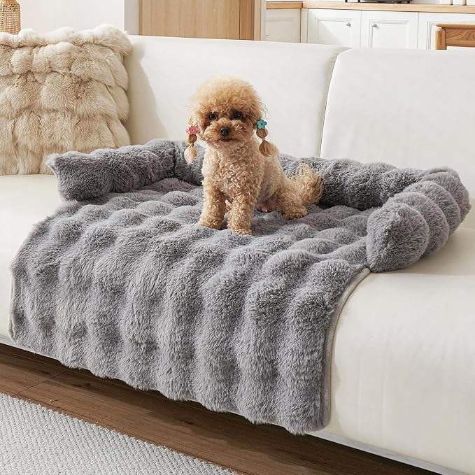 Calming Dog Bed for Couch, 29.5 x 29.5 inch, Non-Slip Rabbit-Velvet Dog Sofa Mat for Furniture Protector, Perfect for Small, Medium Dogs and Cats (Dark Gray, Medium)