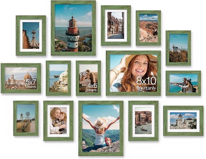 Vittanly 15 Pack Picture Frames Collage Wall Decor, Wall/Tabletop Display | Rustic Green, Multi-Size Gallery Wall Frame Set: 3pcs 8x10, 6pcs 5x7, 6pcs 4x6. Picture Frame Set for Family