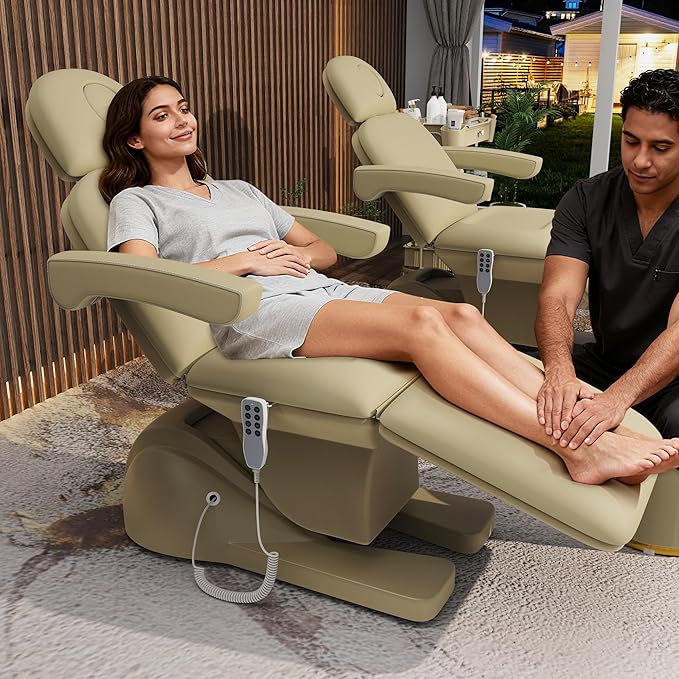 3 Motor Electric Chair/Bed, Aluminum Hydraulic System for Medical Treatment Exam, Facial, Spa, Eyelash, Tattoo, Podiatry Treatment Beauty Massage, Hand Remote Controlled Adjustable - Beige Gray