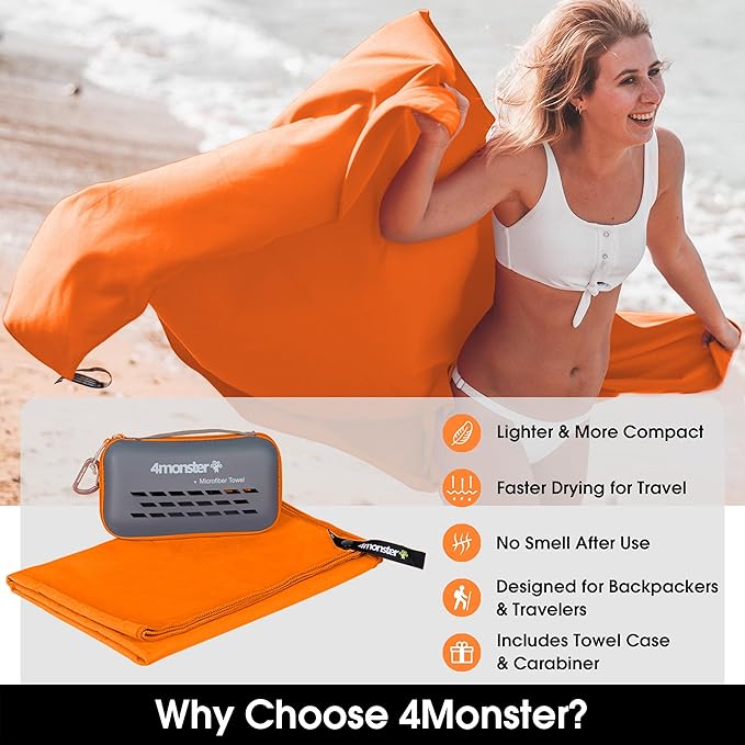 4Monster Quick Dry Travel Towel with Case & Carabiner – Super Absorbent Microfiber Gym & Camping Towel. Compact, Lightweight, Fast Drying for Beach, Swimming, Hiking, Backpacking