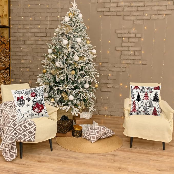 ONFAON Christmas Decorations - Merry Christmas Trees Red Throw Pillow Covers 18x18 Set of 4,Winter Holiday Decor Throw Cushion Case for Home Couch