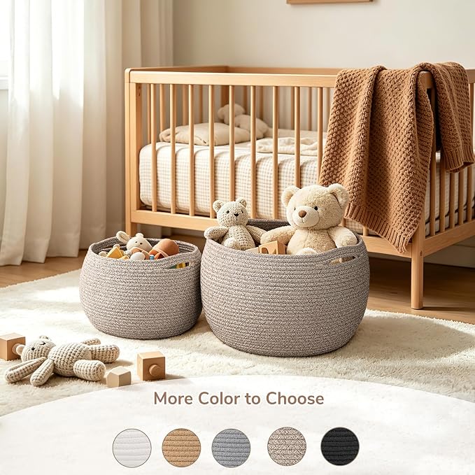 Goodpick Round Woven Rope Storage Basket for Shelves, 10" x 8.3", Jute | Small Baby Basket with Handles, Decorative Gift Basket, Fits Living Room Nursery Toys & Towels Storage, Plant Baskets Indoor