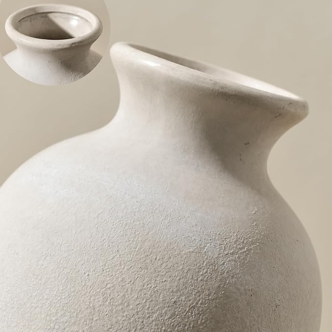 Ceramic Vintage Flower Vase Home Decor, 8.38" Rustic Terracotta, Antique Vase for Table, Living Room, Shelf, Mantel Decoration, Farmhouse- Grayish White