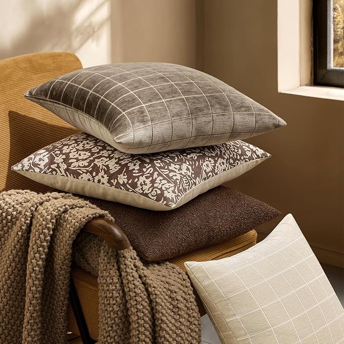 MIULEE Taupe Grey Plaid Fall Euro Throw Pillow Covers 22x22 Set of 2 | Vintage, Check Chenille Couch Pillows, Boho Farmhouse Cushion Covers, Modern Home Decor for Sofa Bed Living Room