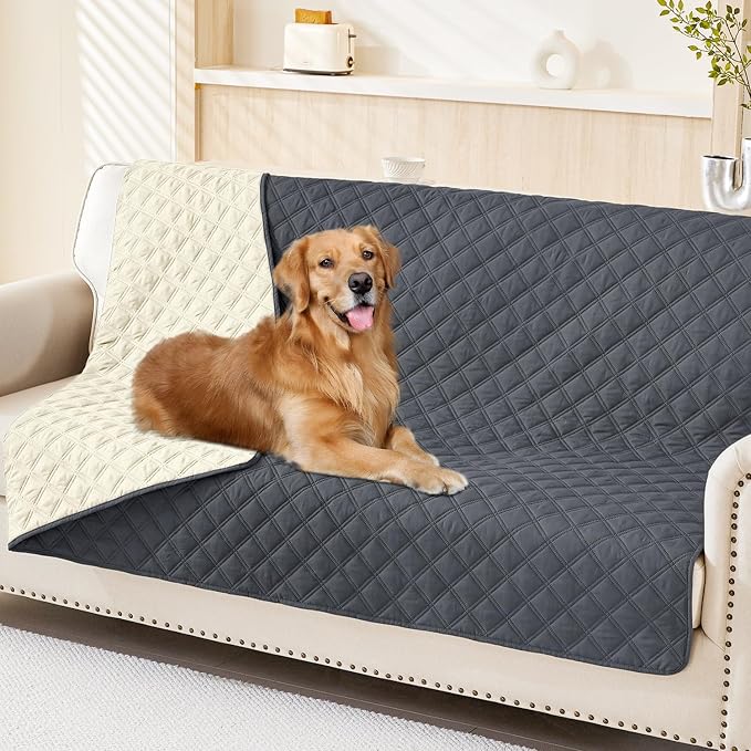 Smiry Waterproof Reversible Pet Couch Covers for Dogs | Pet Friendly, Soft Fabric, Washable Sofa Furniture Protector for Dogs Cat Kids, Checkered (68"x82", Dark Grey/Beige)